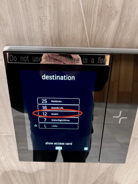 Destination lift touch panel with floor 12 Deakin selected