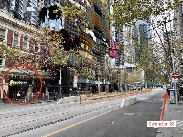 Swanston Street with the Oxford Scholar hotel circled as a landmark