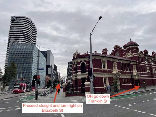 Intersection showing options to turn onto Victoria Street or down Franklin Street