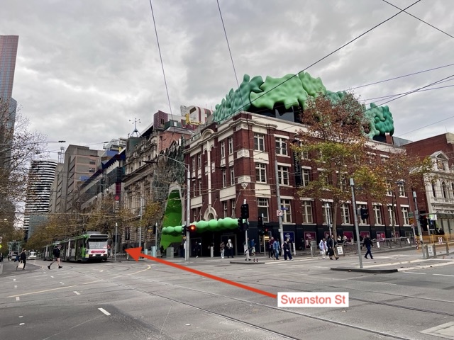 Swanston Street intersection with RMIT Building 8 opposite